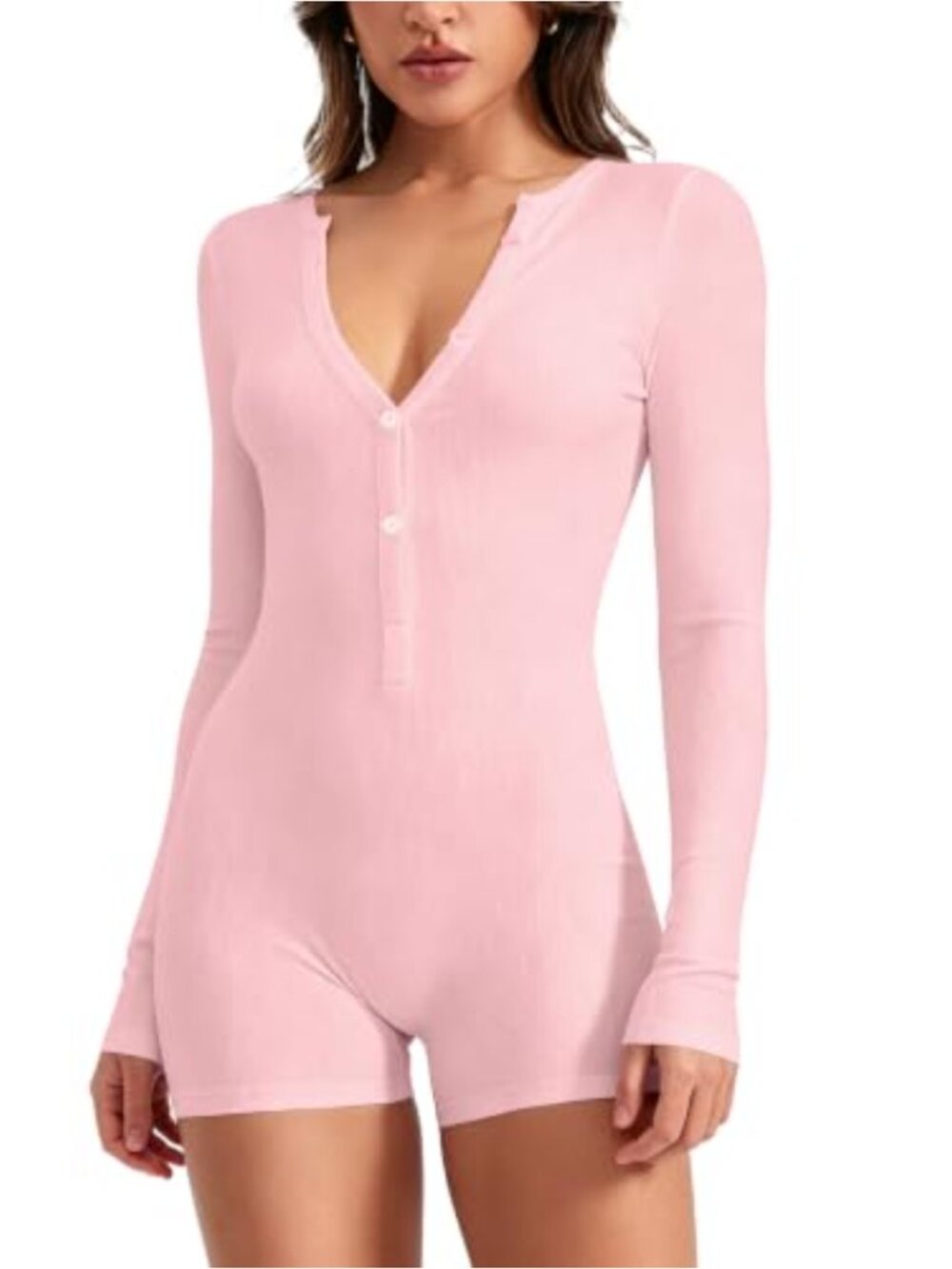 Women Ribbed Knit Jumpsuit V Neck Long Sleeve Romper Pajama Set Bodysuit